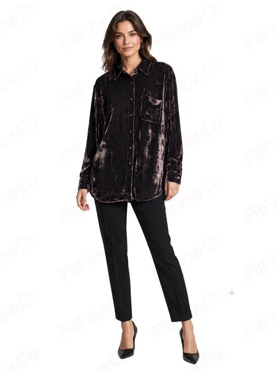 JONES & CO Tops - Jones & Co Velvet Button-Down Shirt Silk Blend Deep Plum Brown Size M